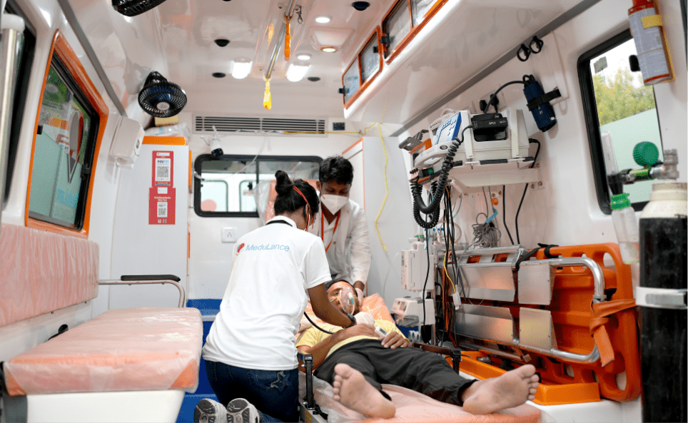 Ambulance interior with patient bed